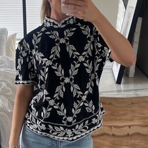 Vintage‎ 80s 90s Silk Beaded High Neck Embellished Short Sleeve Top